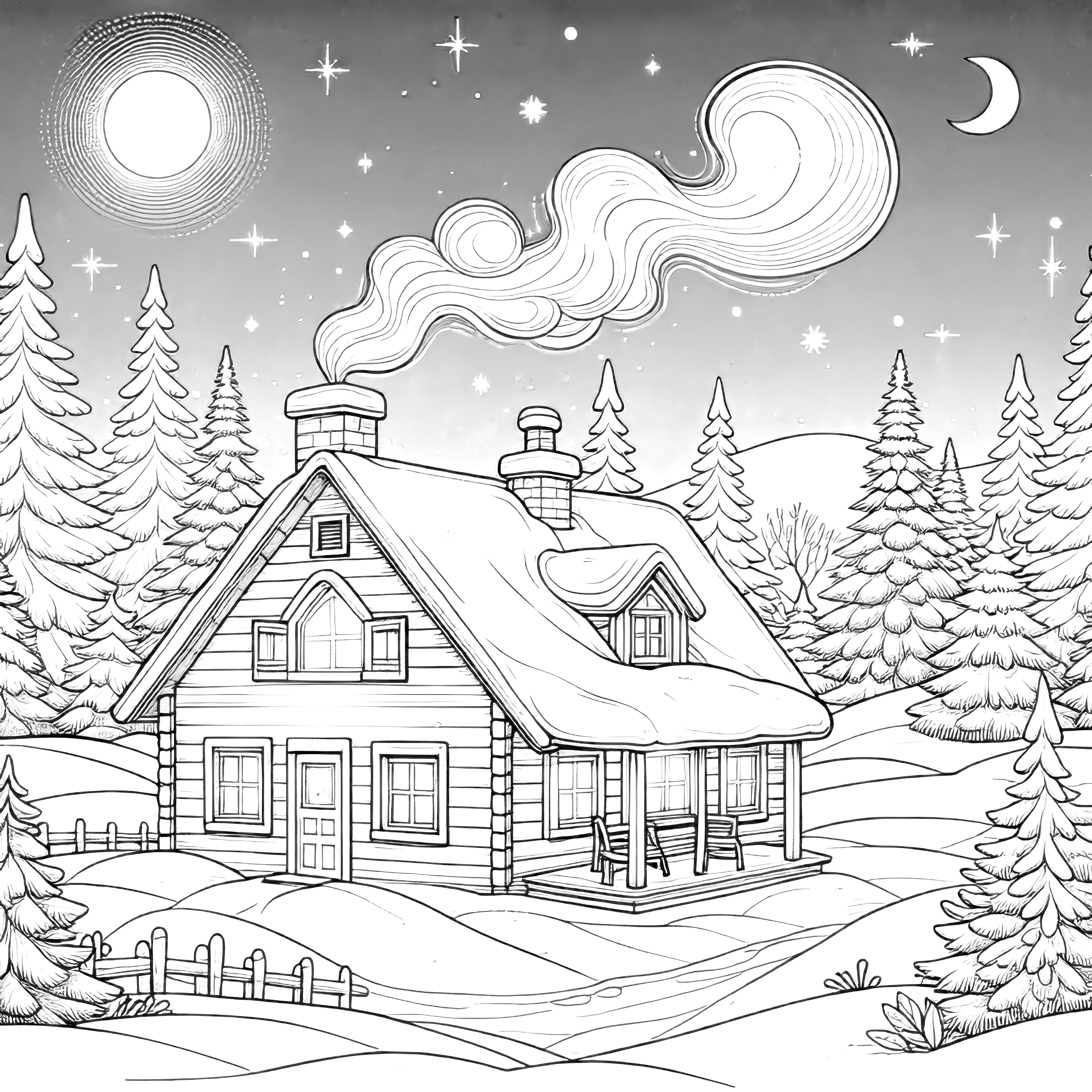 Winter landscape at night with wooden cabin & fir trees (coloring page)