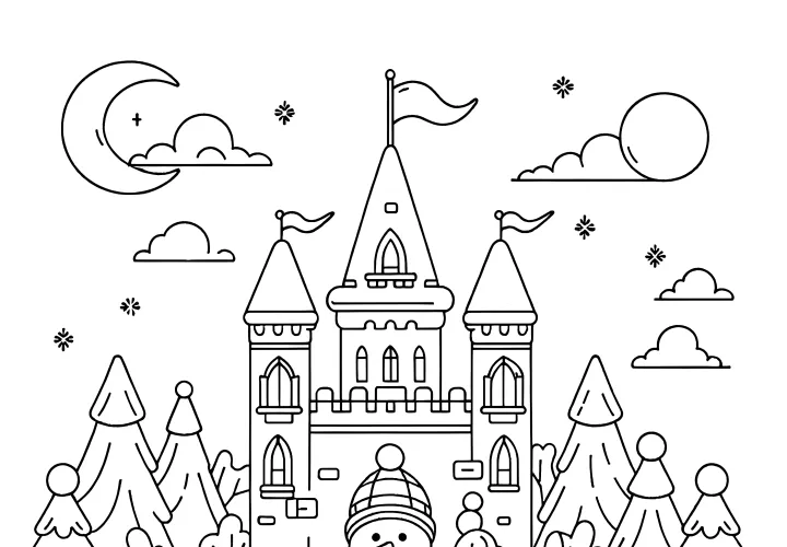 Winter picture with castle & moon: simple coloring template for children