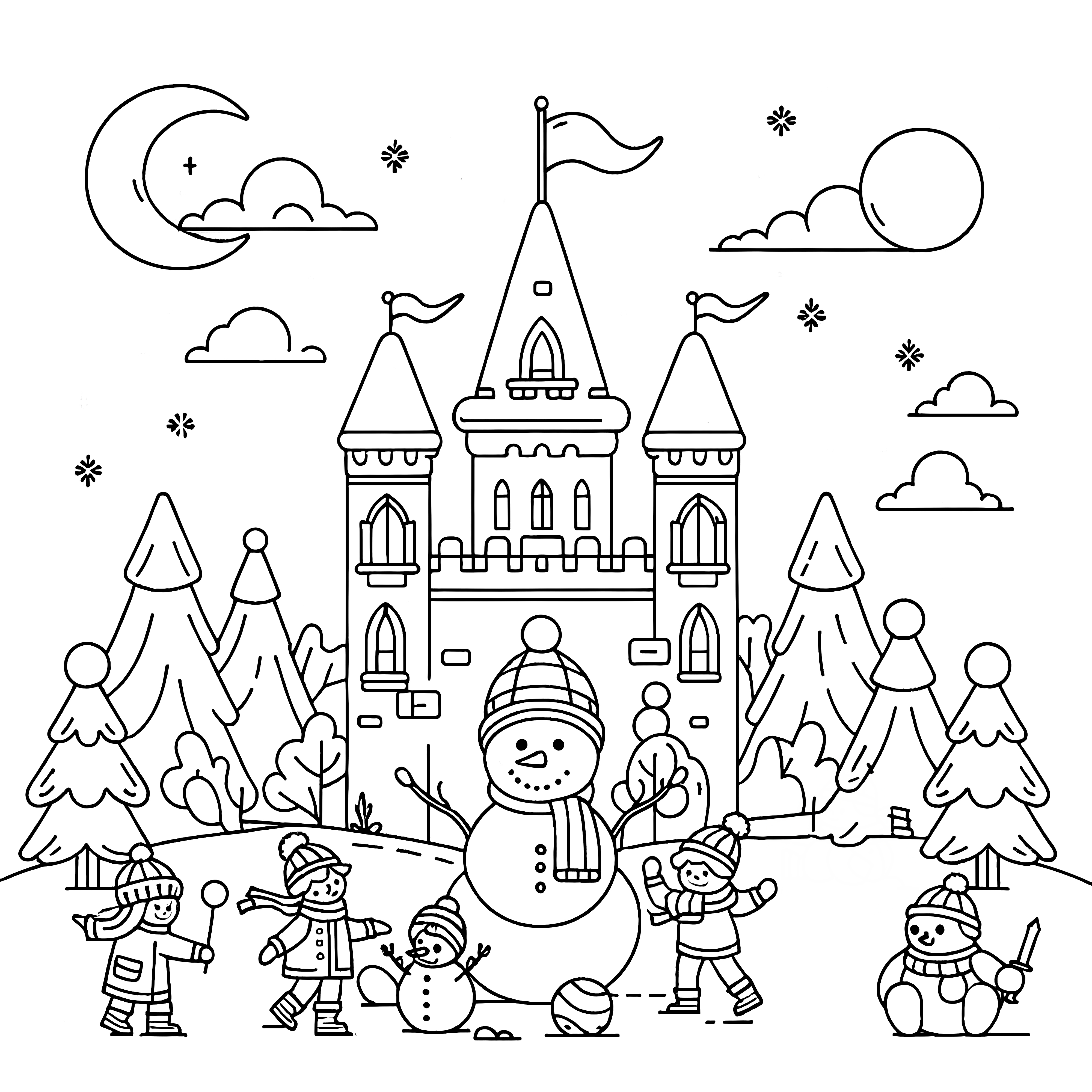 Winter picture with castle & moon: simple coloring template for children