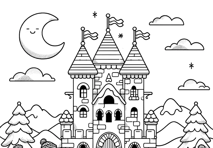 Children are playing in front of a castle in the winter (coloring picture)