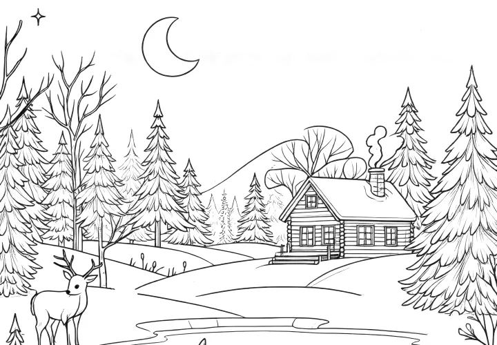 Beautiful snow landscape with animals as a coloring picture