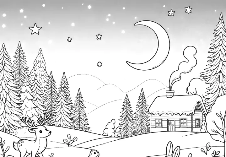 Winter landscape with animals at night: free coloring picture