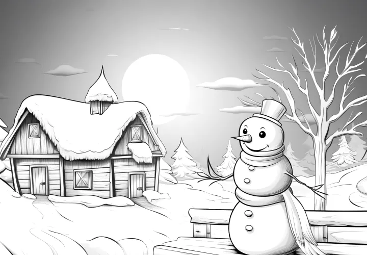 Snowman & Night Sky: Coloring Page with Winter Landscape