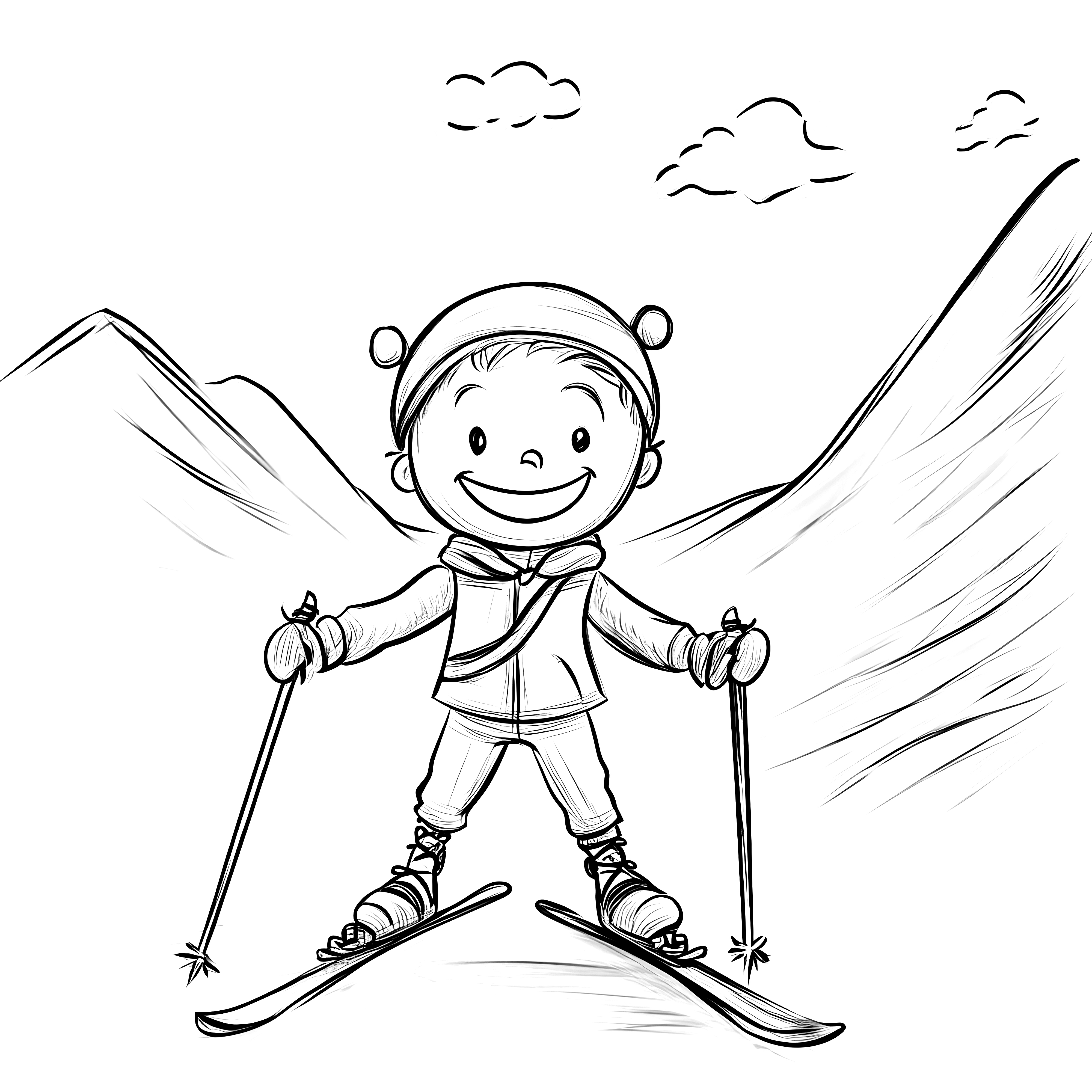 Child skiing in the mountains: Coloring page for free