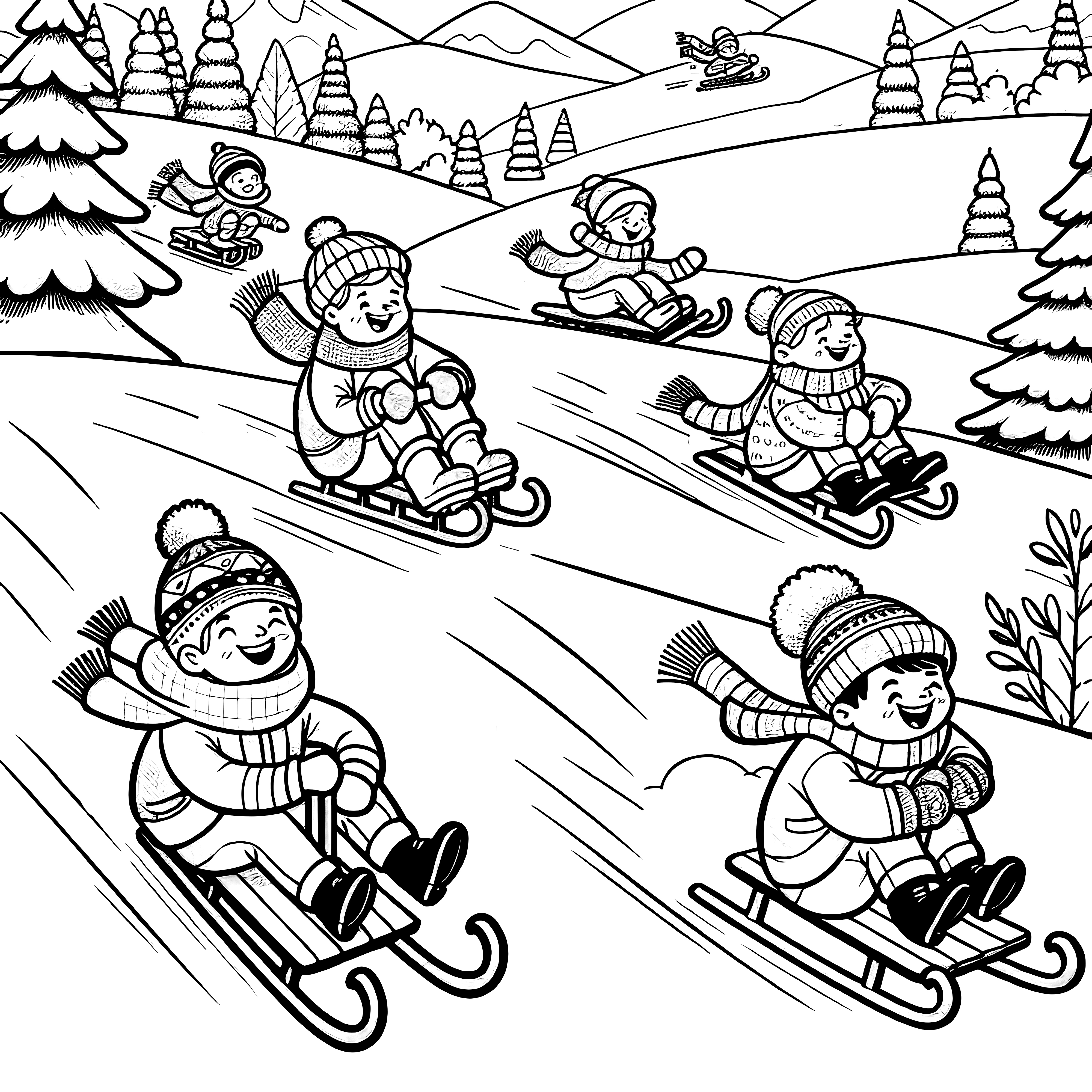 Children are sledding on sleds (free coloring page)