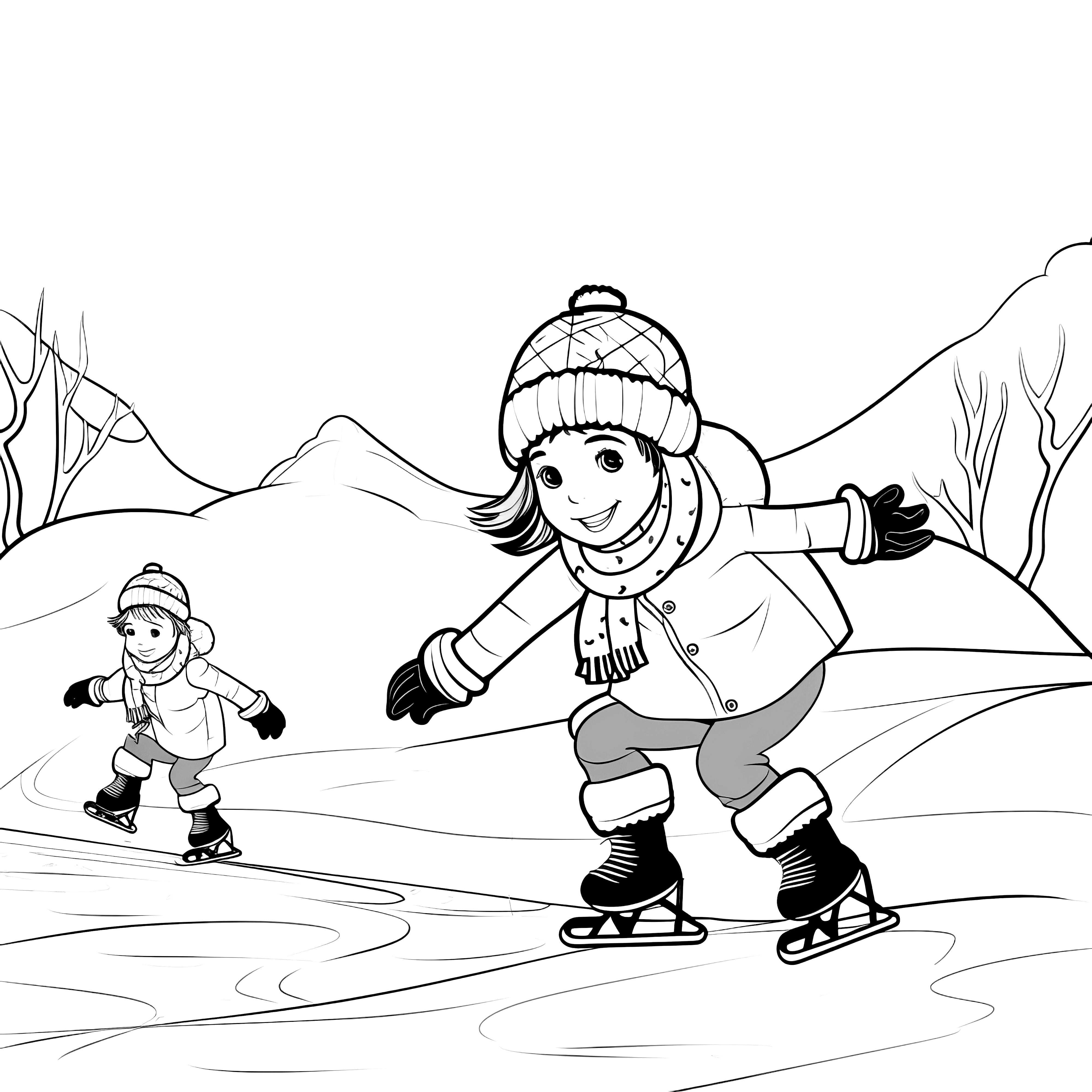 Niños patinando sobre hielo: plantilla para colorear gratuita