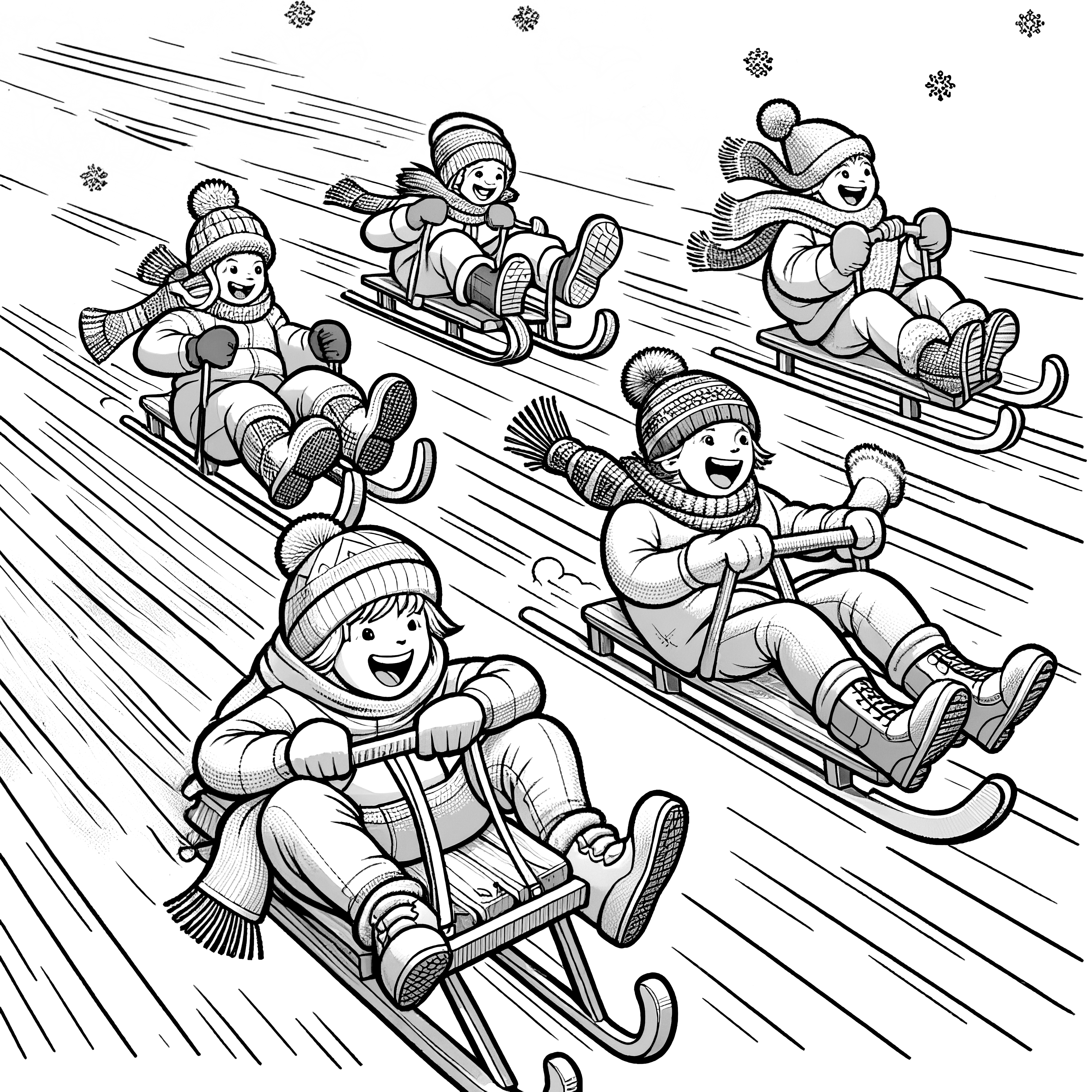 Happy children on sleds: free coloring page