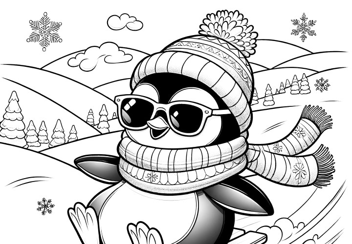 Pingüino con gafas de sol en trineo: imagen para colorear gratuita