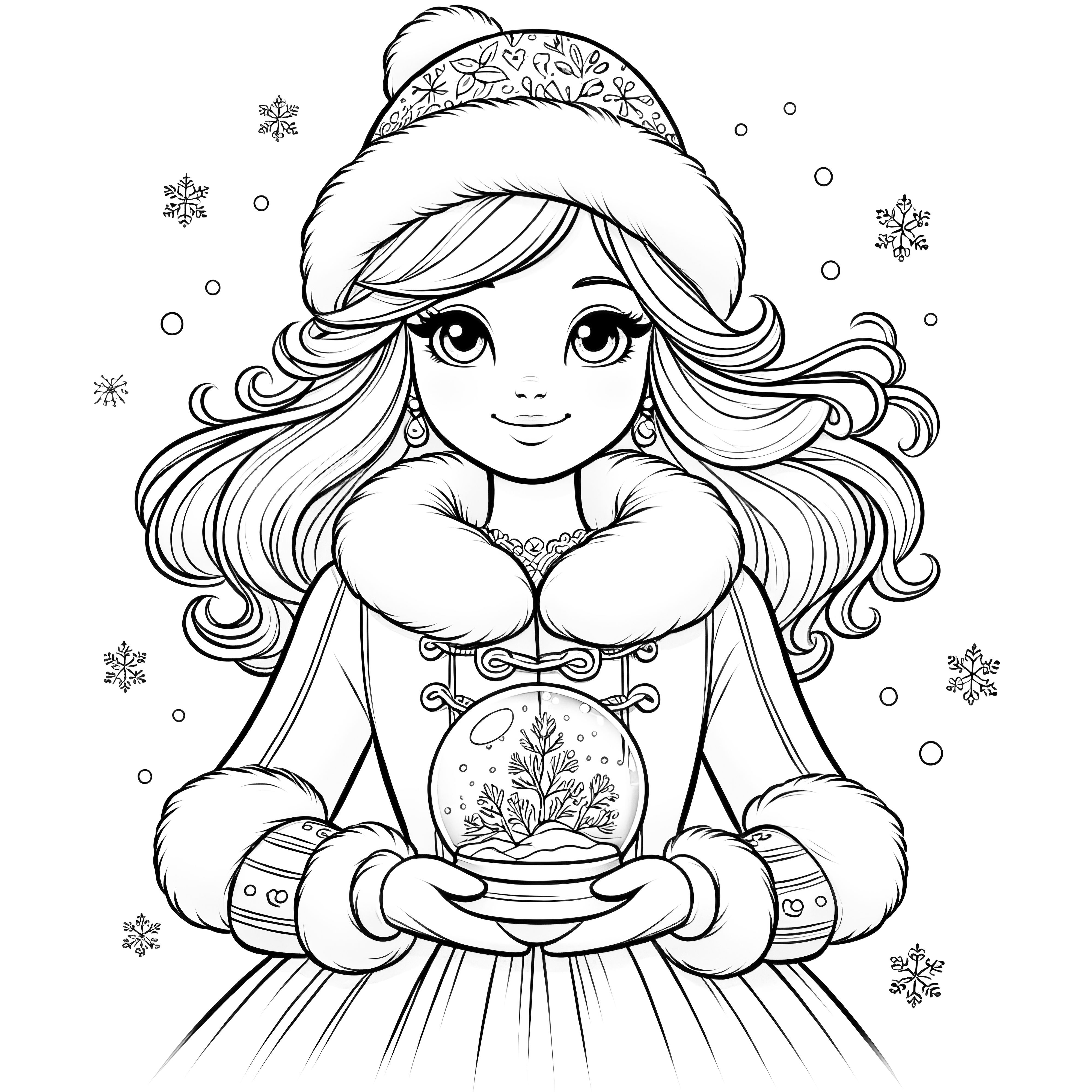 Princesse en tant que reine des neiges avec boule de neige (image à colorier)