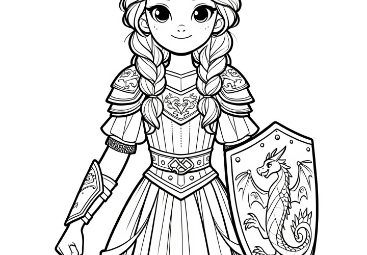 Princesa con corona y escudo protector: dibujo para colorear gratis