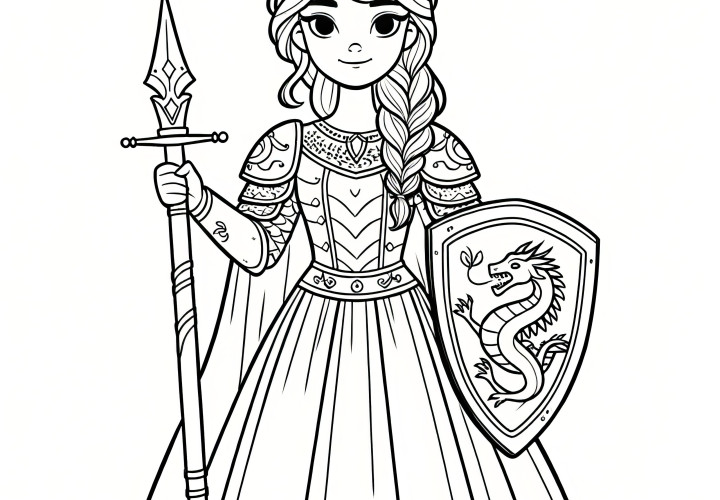 Princesse avec bouclier et lance à colorier