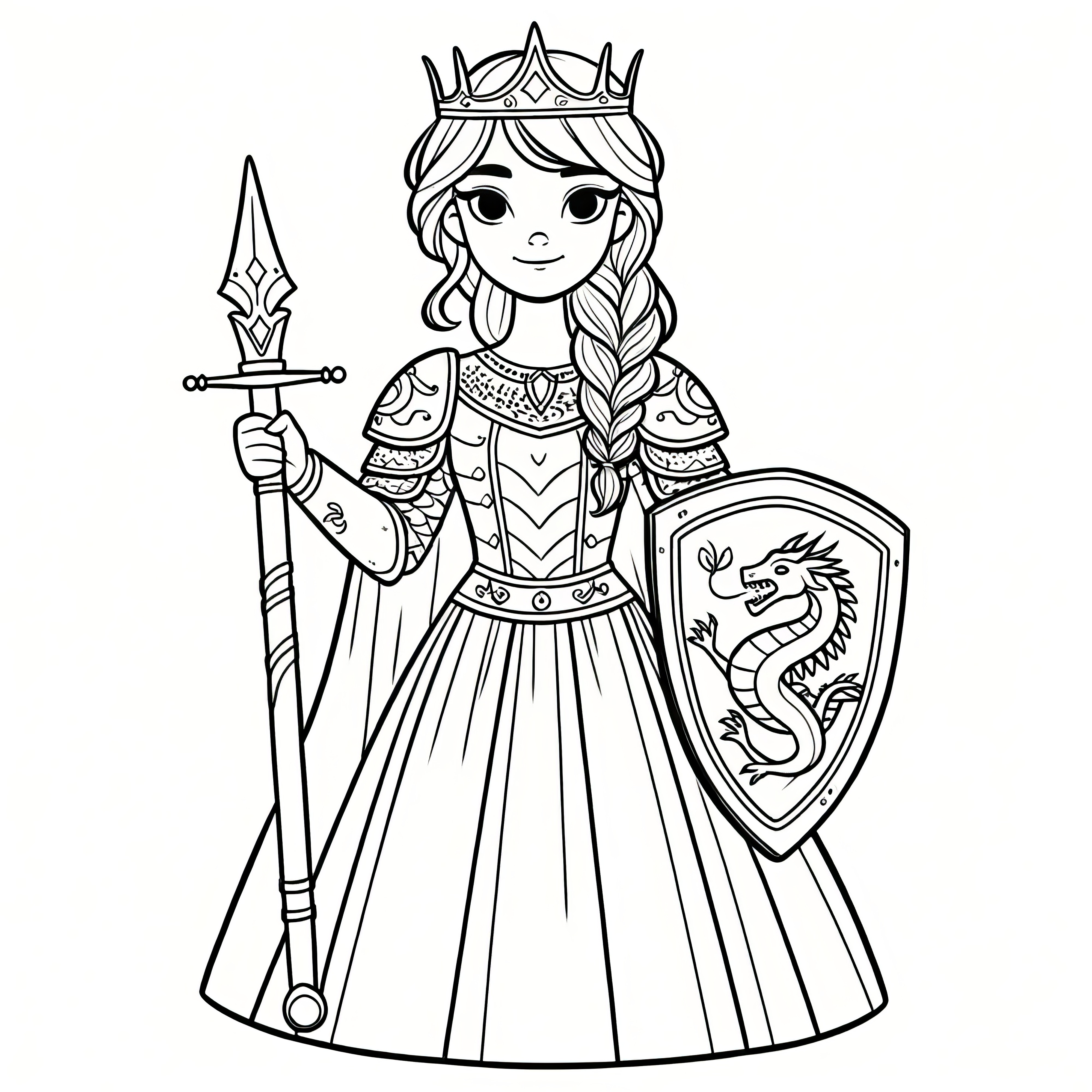 Princesa com escudo e lança para colorir