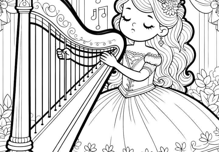 Imagem para colorir gratuita: Princesa a tocar harpa