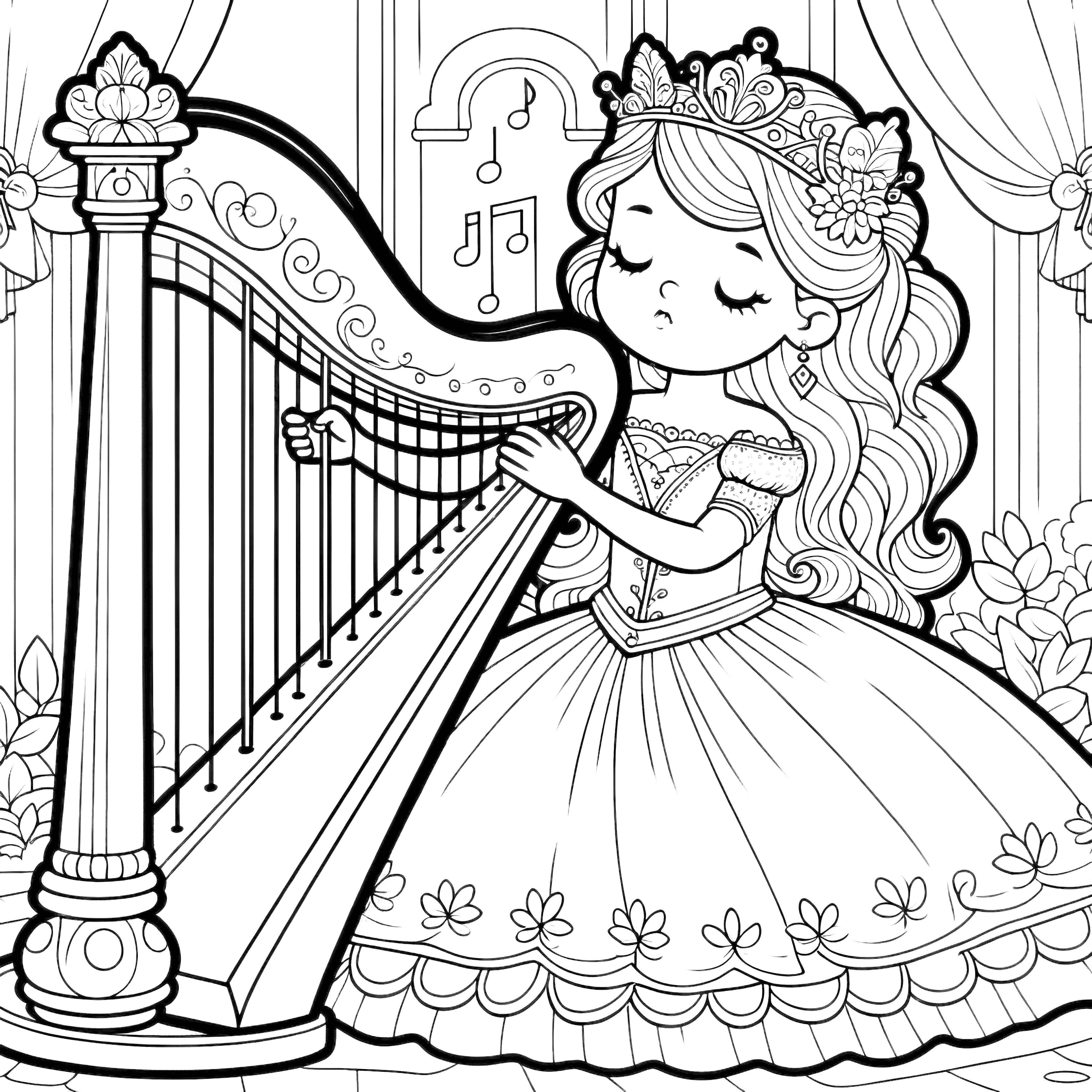 Imagem para colorir gratuita: Princesa a tocar harpa