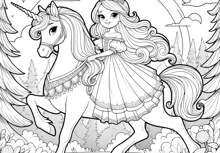 Une princesse enchantée chevauche une licorne gracieuse