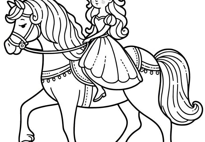 Petite princesse sur un cheval: Pages à colorier simples pour les enfants