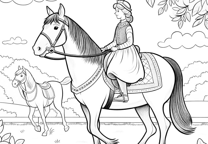 Élégante princesse sur un grand cheval : Image à colorier à télécharger