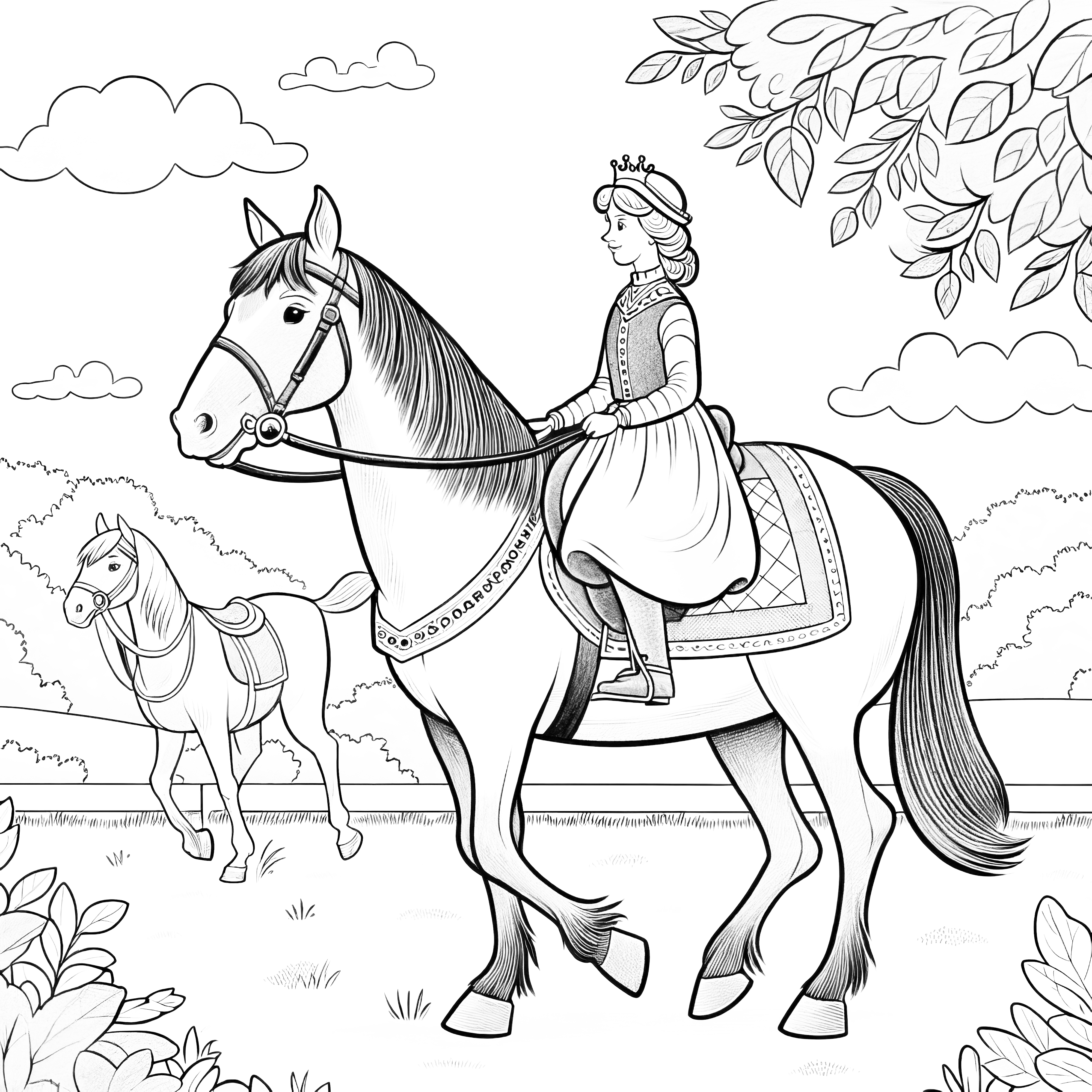 Élégante princesse sur un grand cheval : image à colorier à télécharger