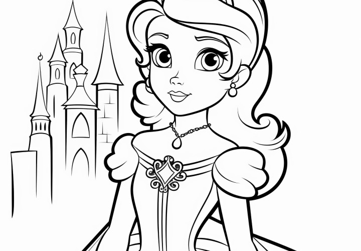 Desenho para colorir simples: Princesa bonita em frente ao castelo