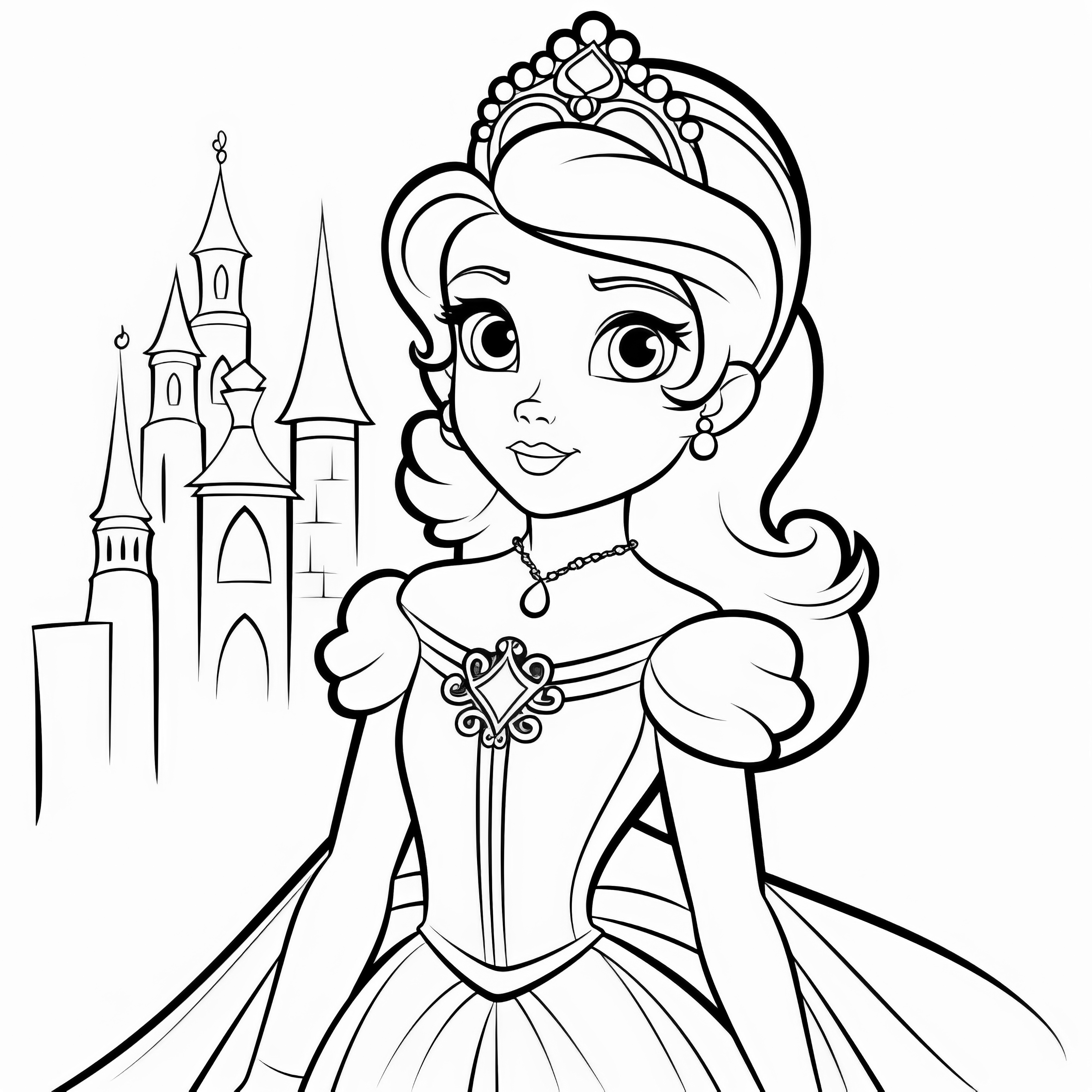 Dessin à colorier simple : Jolie princesse devant le château