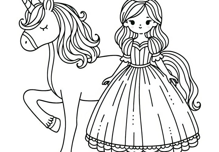 Desenho para colorir grátis: Princesa gira em frente ao seu unicórnio