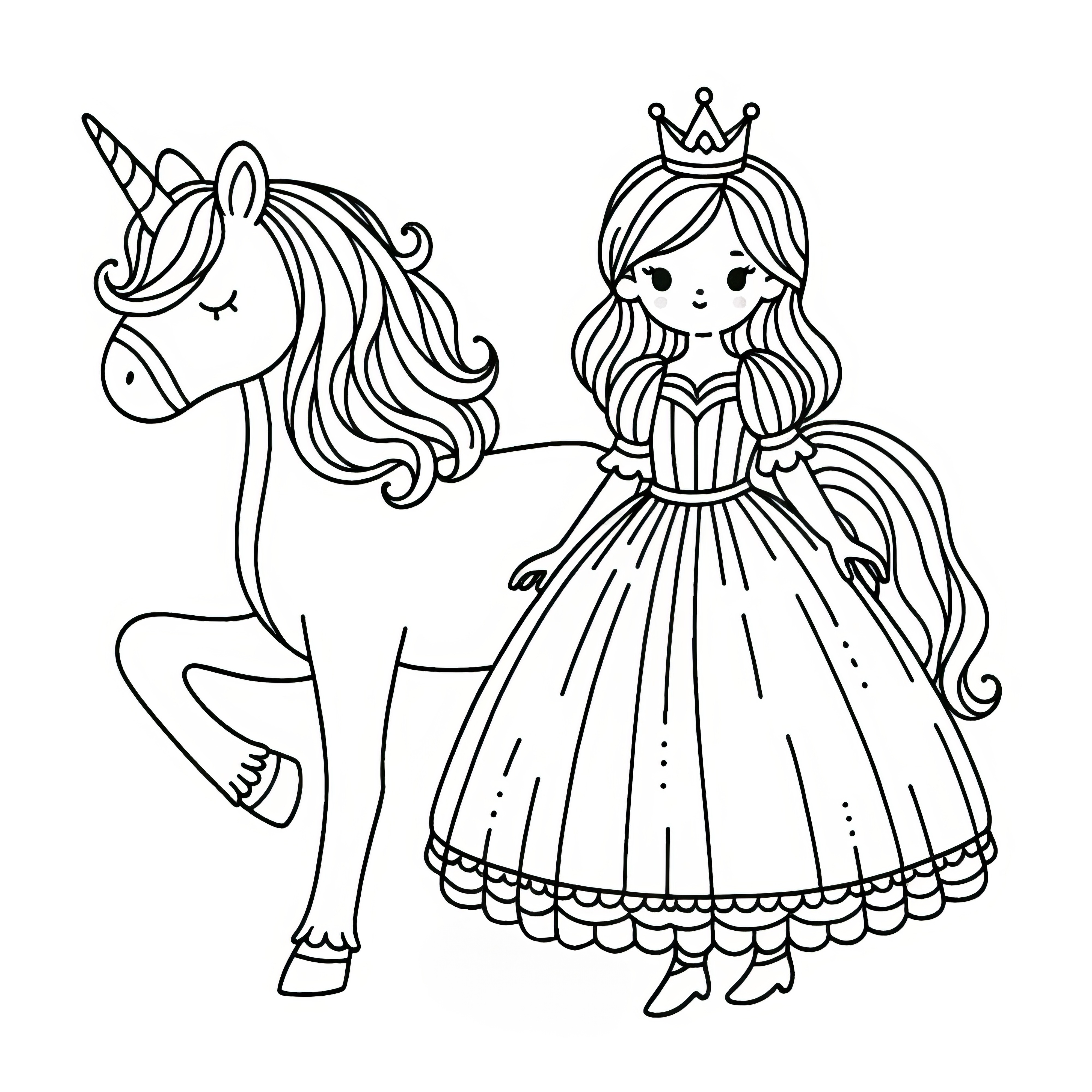 Desenho para colorir grátis: Princesa gira em frente ao seu unicórnio