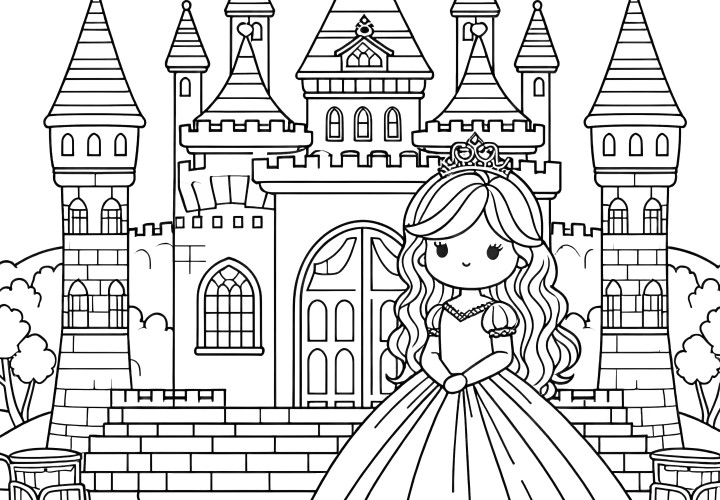 Petite princesse devant grand château : Coloriage simple