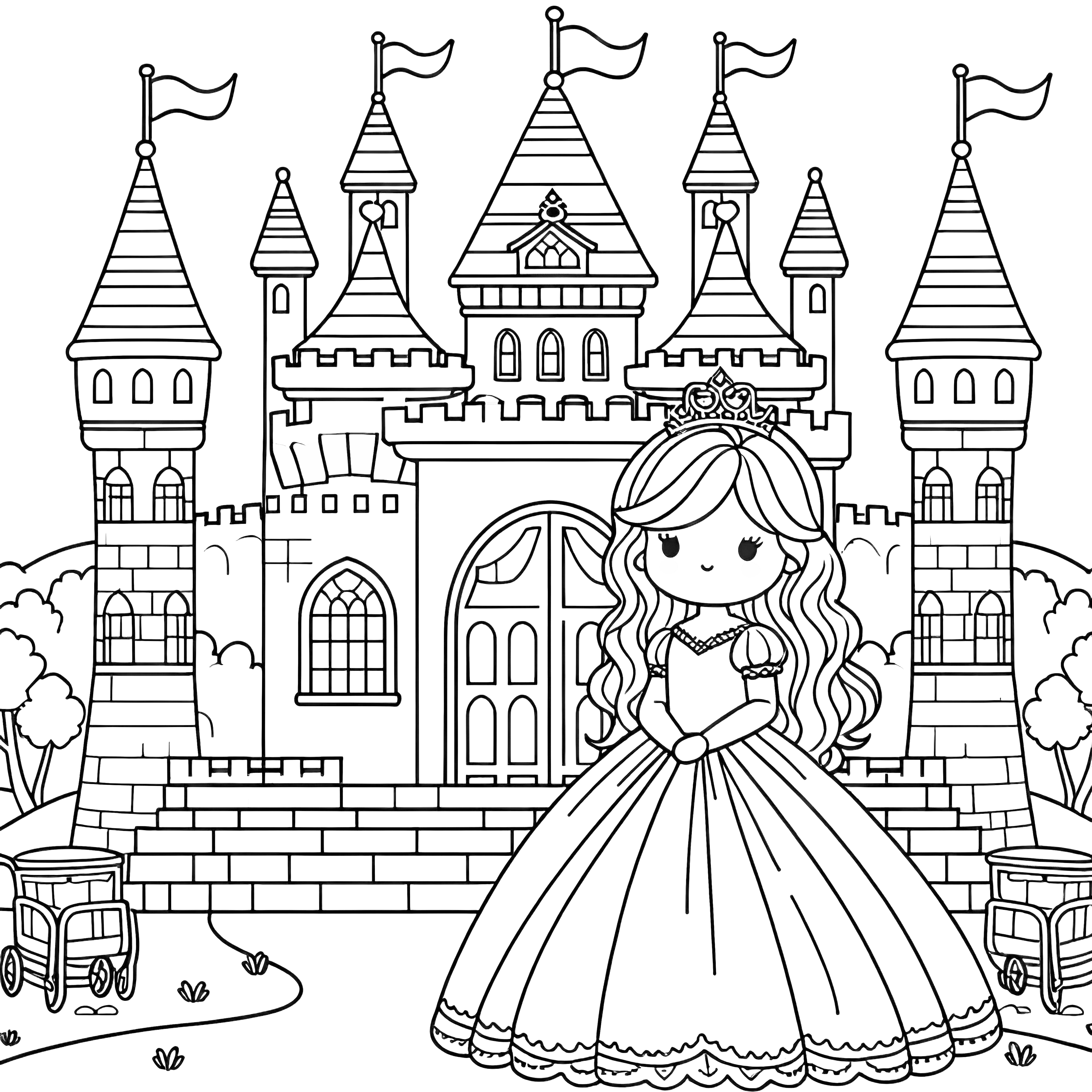 Petite princesse devant un grand château : Coloriage simple