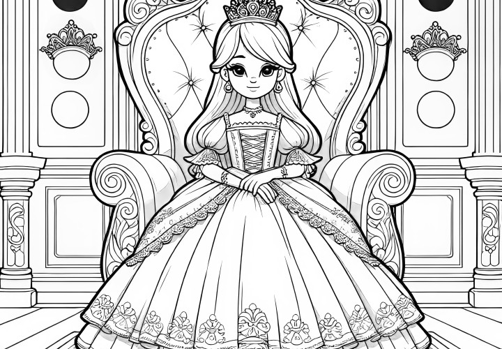 Belle princesse est assise sur le trône dans le château : Coloriage gratuit.  