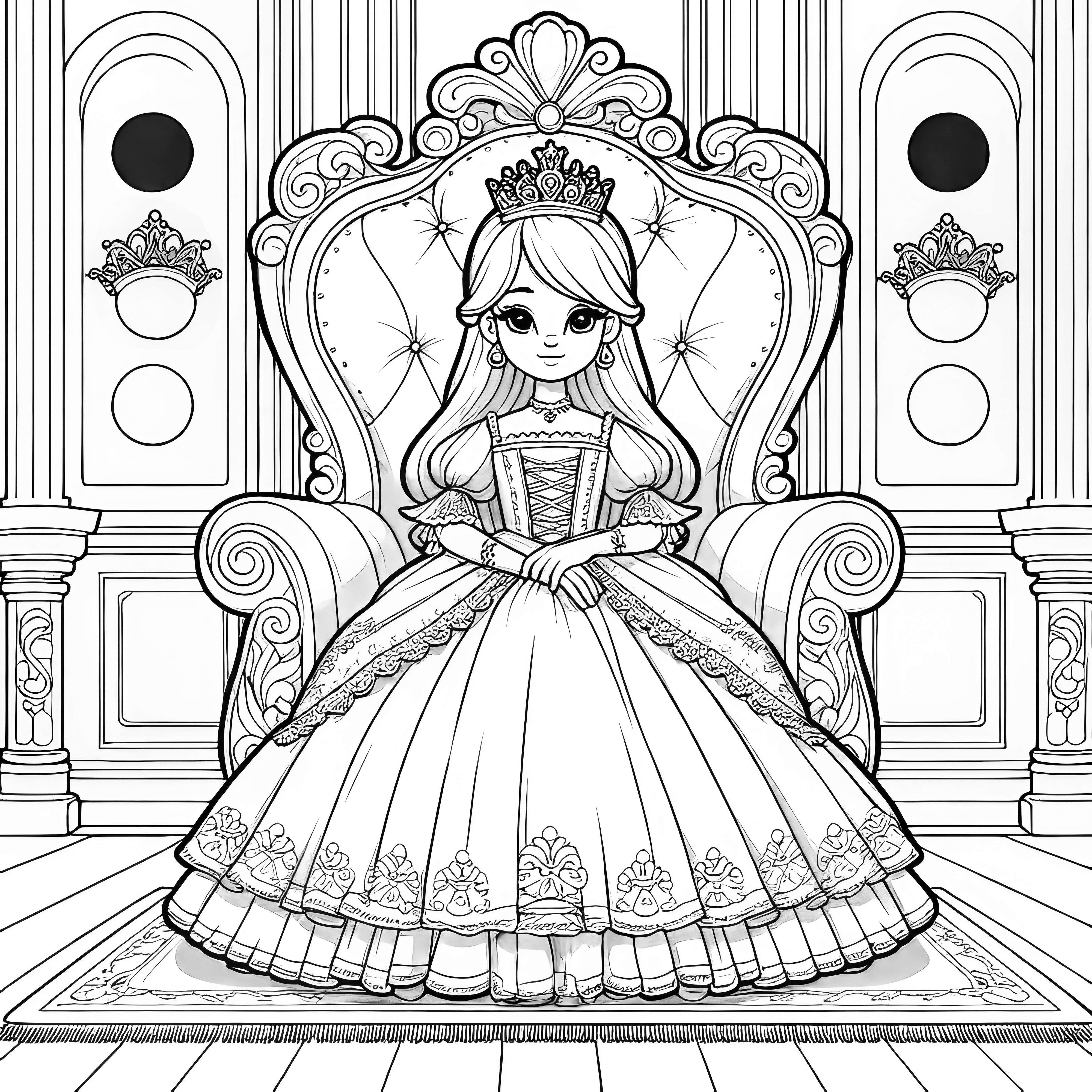 Belle princesse assise sur le trône dans le château: image à colorier gratuite