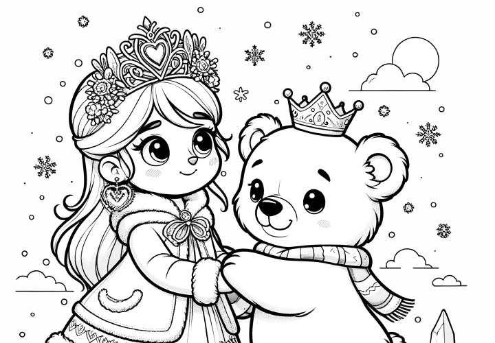 Página para colorir grátis: Princesa bailarina com ursinho de peluche em paisagem