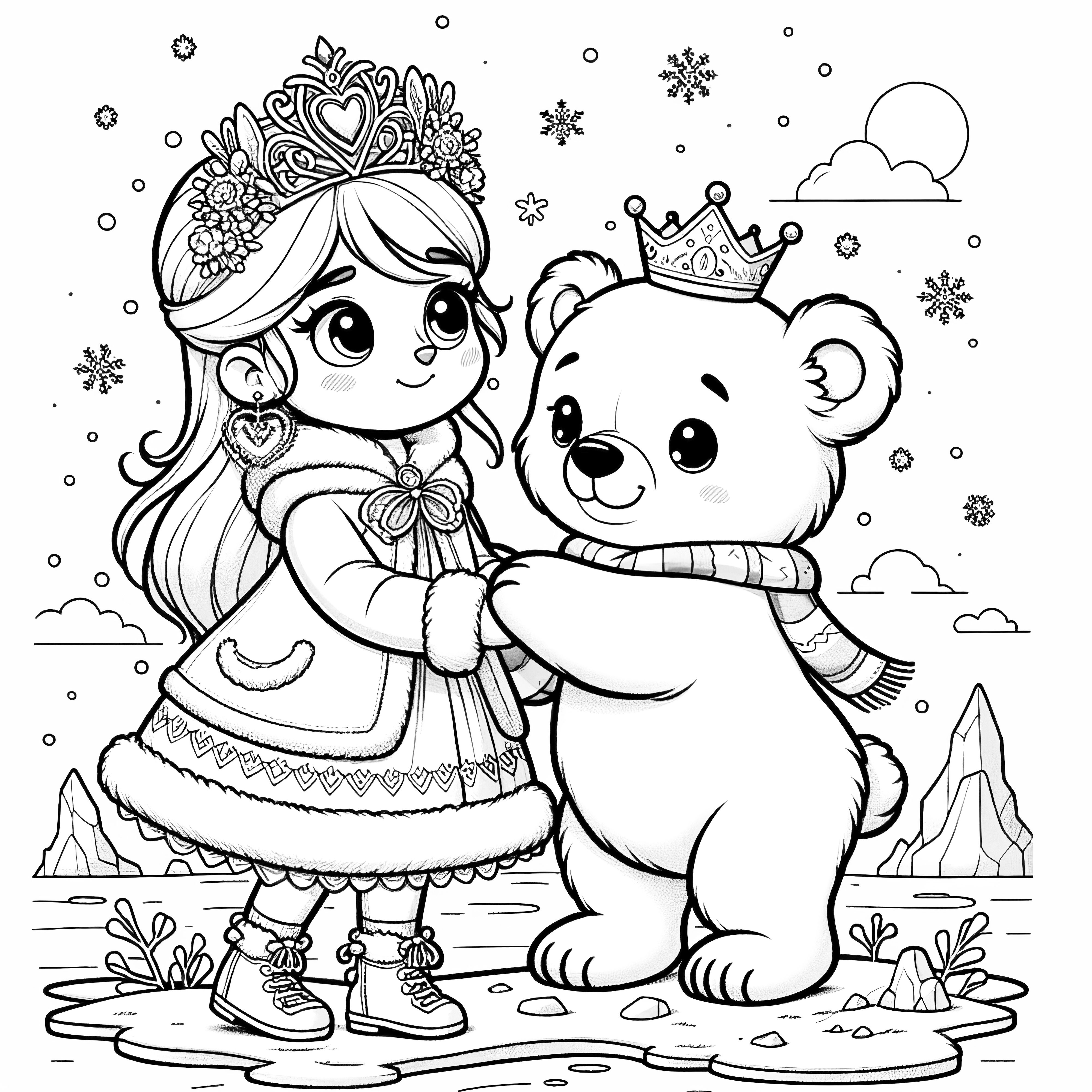 Plantilla de colorear gratuita: Princesa bailando con osito de peluche en paisaje