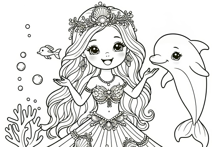 Princesse de la mer en robe de coquillage avec un doux dauphin - Coloriage gratuit