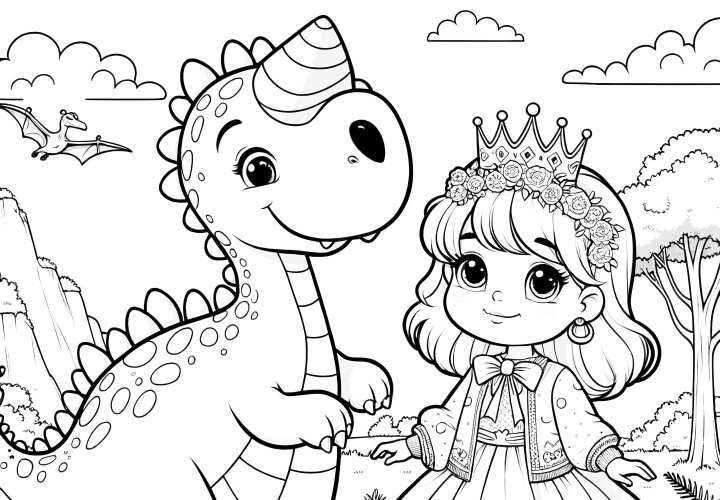 Princesse mignonne avec un ami dinosaure devant un paysage de montagne (gratuit)