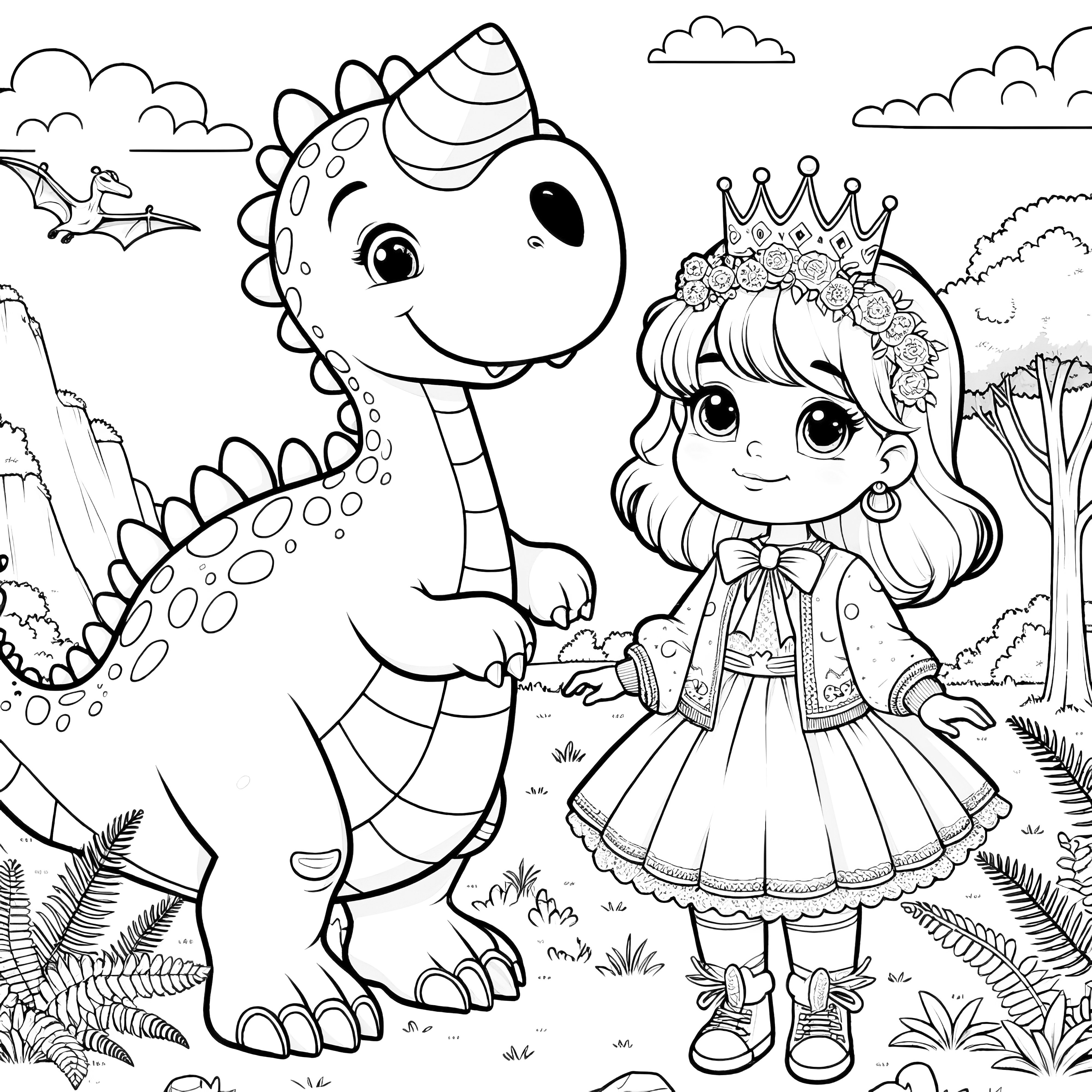 Princesse mignonne avec un ami dinosaure devant un paysage montagneux (Gratuit)