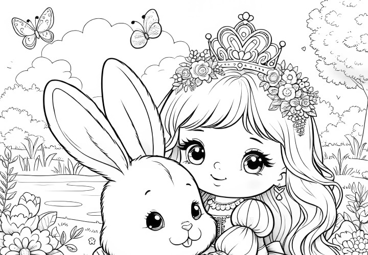 Desenho para colorir bonito: Princesa com coelhinho fofo num prado