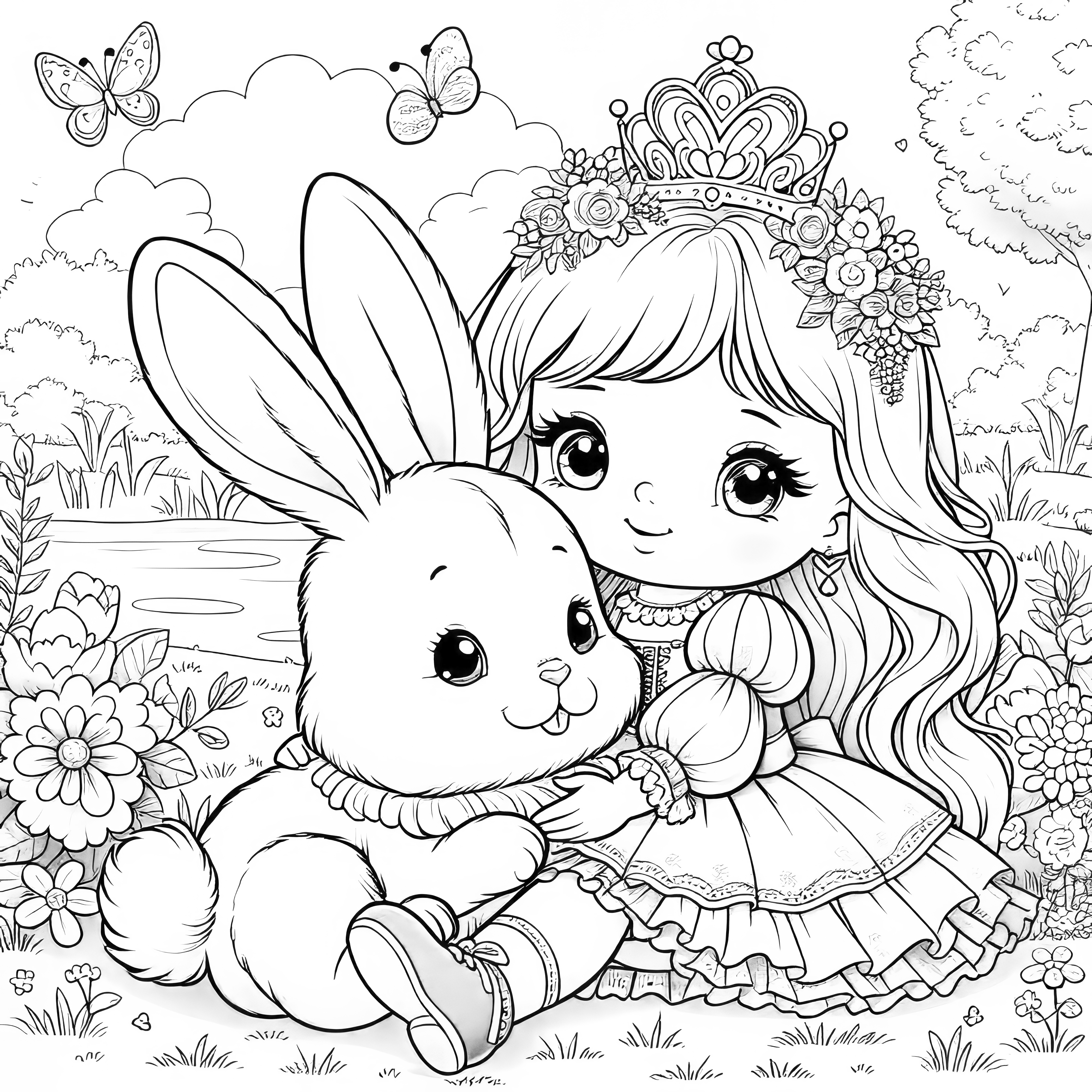 Image à colorier mignonne : Princesse avec lapin moelleux sur la prairie