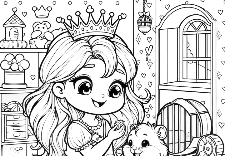 Petite princesse avec un hamster mignon dans la salle de jeux : image à imprimer