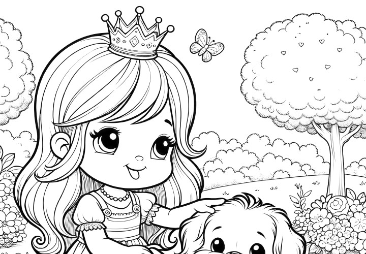 Imagen para colorear gratuita: Princesa con perrito en un paisaje idílico