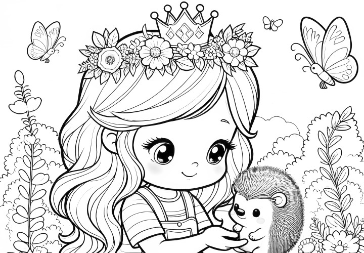 Princesa com ouriço e borboletas na natureza (desenho para colorir)