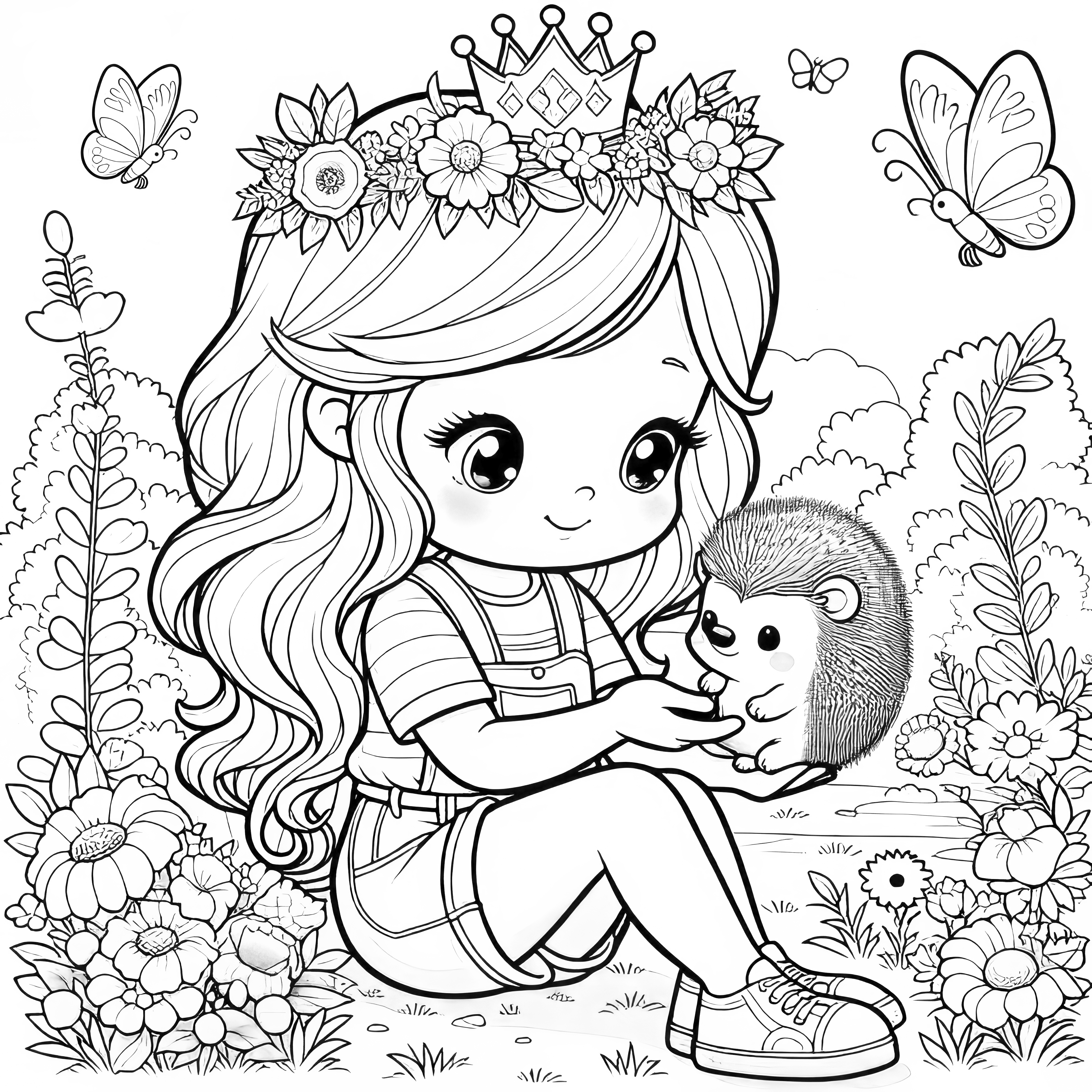 Princesa con erizo lindo y mariposas en la naturaleza (imagen para colorear)