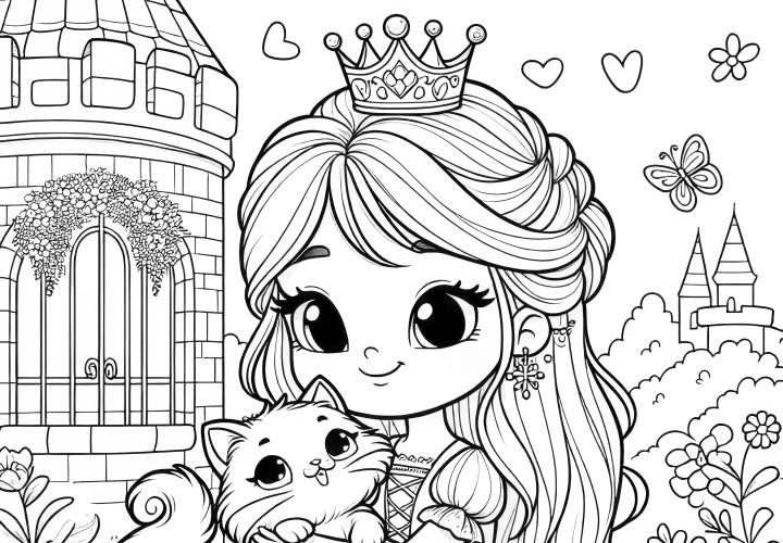 Princesse souriante avec des chatons moelleux devant un château de conte de fées (Téléchargement gratuit)