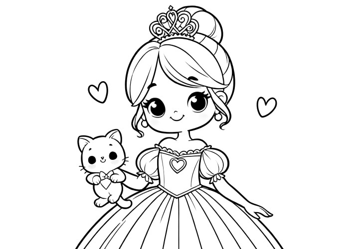 Image simple à colorier : Princesse espiègle avec chaton