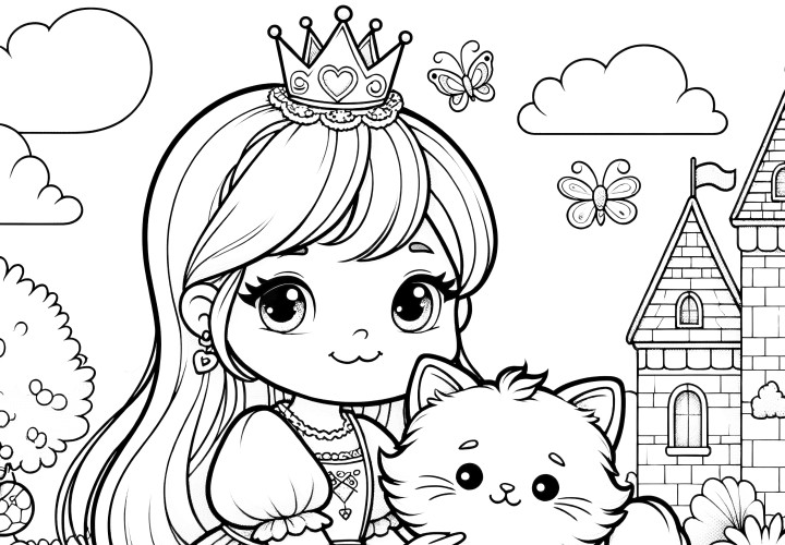 Princesa con un lindo gato frente al castillo: Página para colorear gratuita