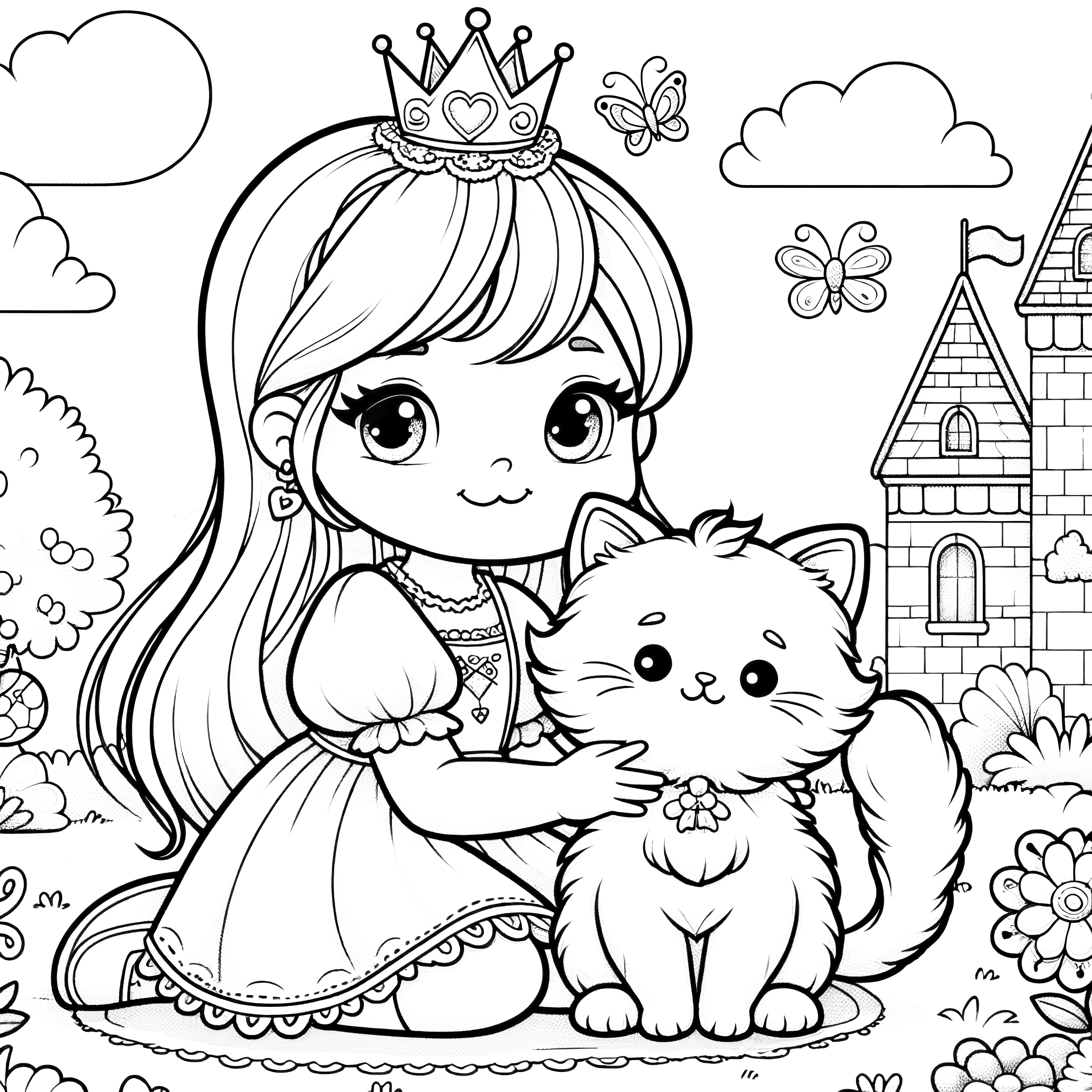 Princesa com um gato giro em frente ao castelo: Desenho para colorir gratuito