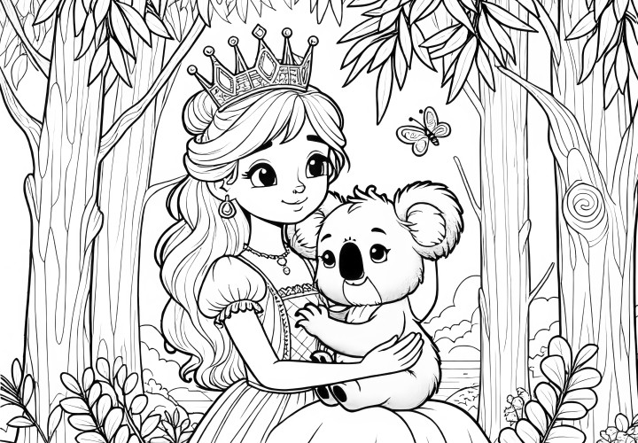 Zittende prinses in de jungle met koala op haar arm (Gratis)