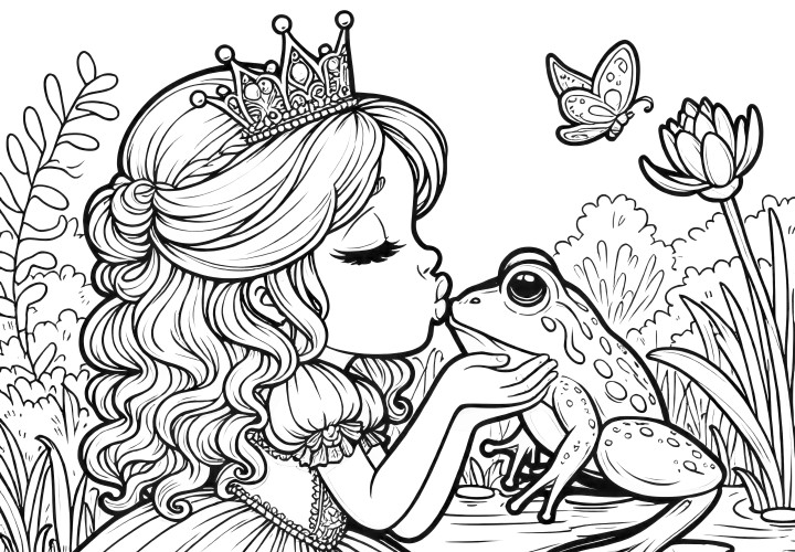 Contos de fadas para colorir: A princesa beija o sapo (imagem gratuita)