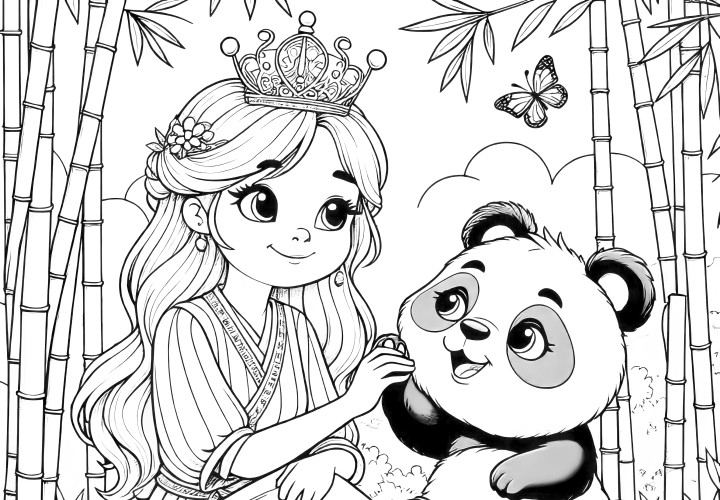 Nu afdrukken en inkleuren: Prinses met een pluizige panda in de jungle