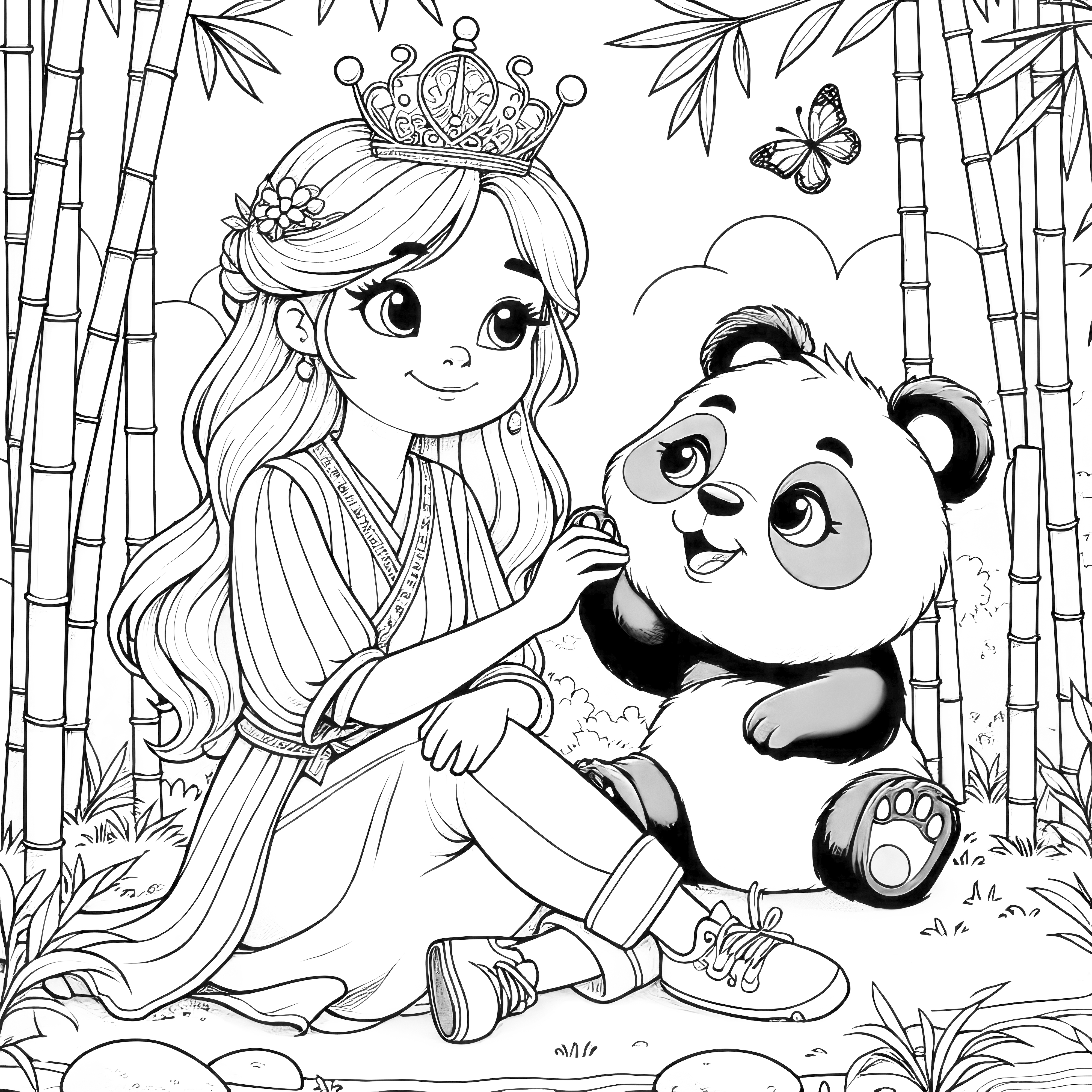 Prinses en panda in de jungle - afbeelding om af te drukken en in te kleuren