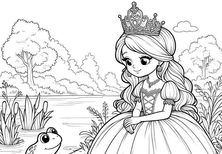 Coloriage magique : Princesse et Roi grenouille au lac enchanté (Gratuit)